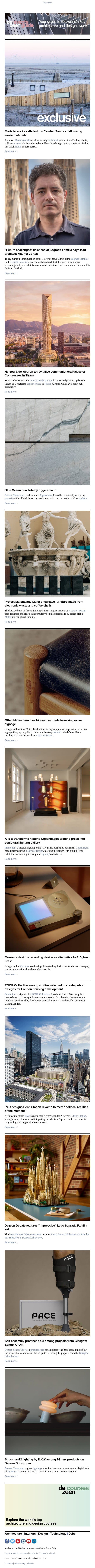 Sagrada Familia architect interview | Herzog & de Meuron Tirana skyscraper | Other Matter bio-leather email from Dezeen screenshot