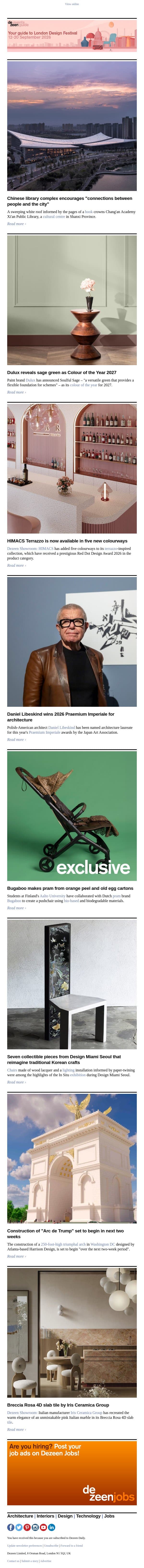 Colour of the Year | Praemium Imperiale winner | Arc de Trump construction to begin email from Dezeen screenshot