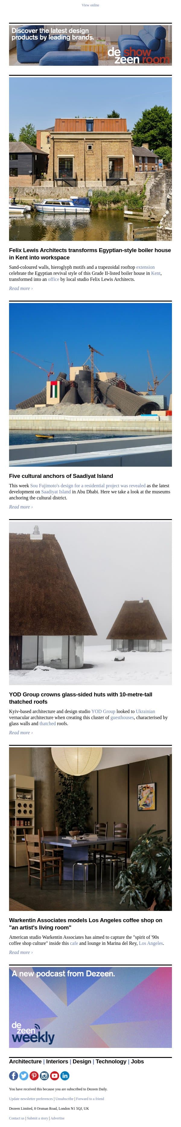 Glass and thatch guesthouses | Egyptian-style boiler house | Saadiyat Island museums email from Dezeen screenshot