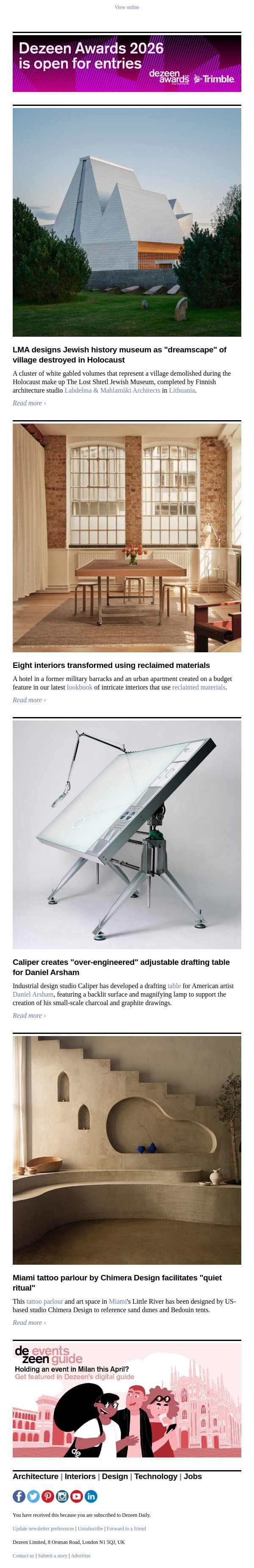 Miami tattoo parlour | "Over-engineered" drafting table | Reclaimed-material interiors email from Dezeen screenshot