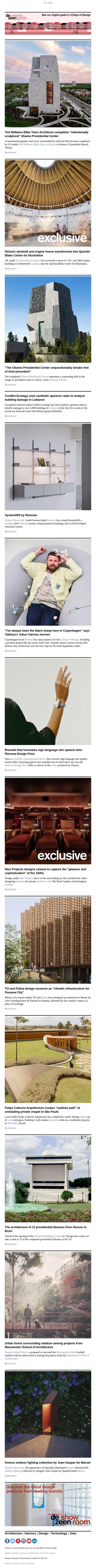 Obama Presidential Center | São Paulo chapel | US presidential libraries email from Dezeen screenshot