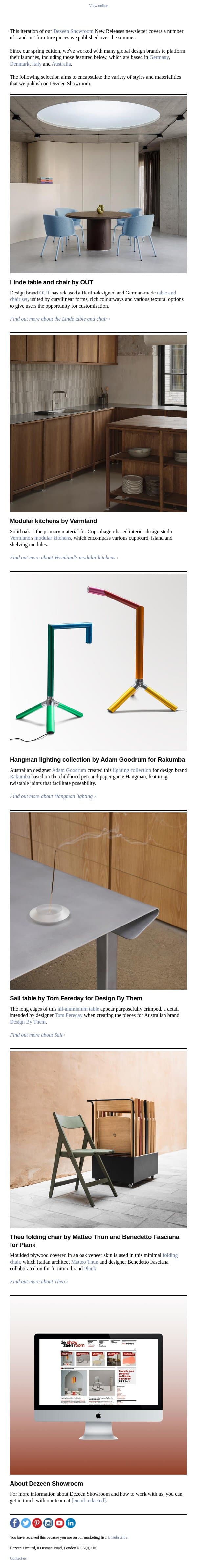 Latest products unveiled this summer 2026 email from Dezeen screenshot