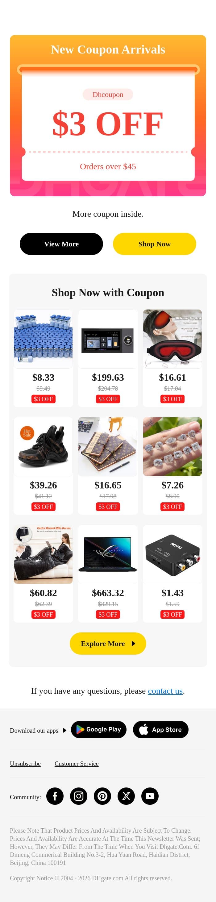 Your $3 coupon is here! email from DHgate screenshot