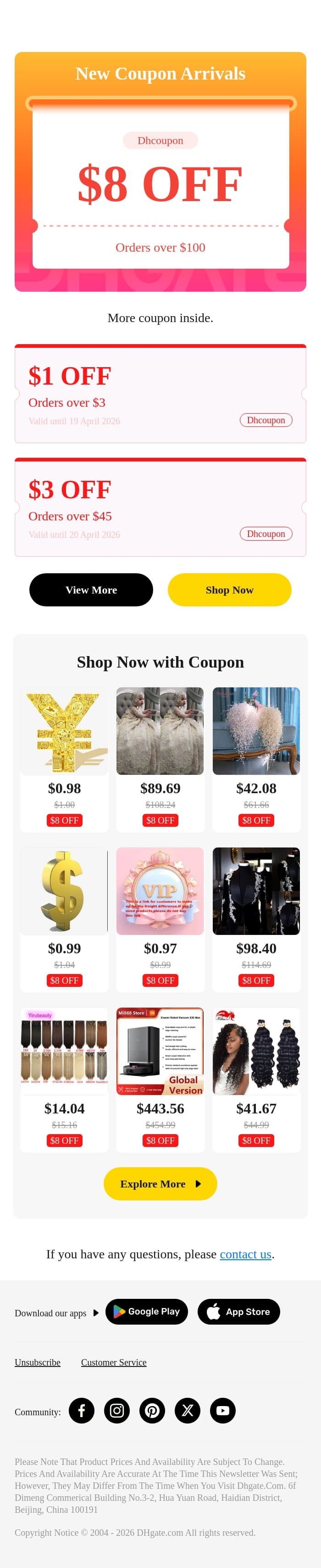 Your $12 coupon is here! email from DHgate screenshot