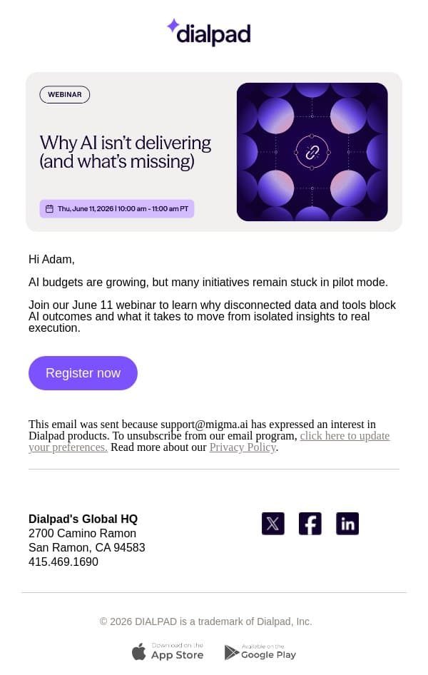 Why isn’t AI delivering real business impact? email from Dialpad screenshot