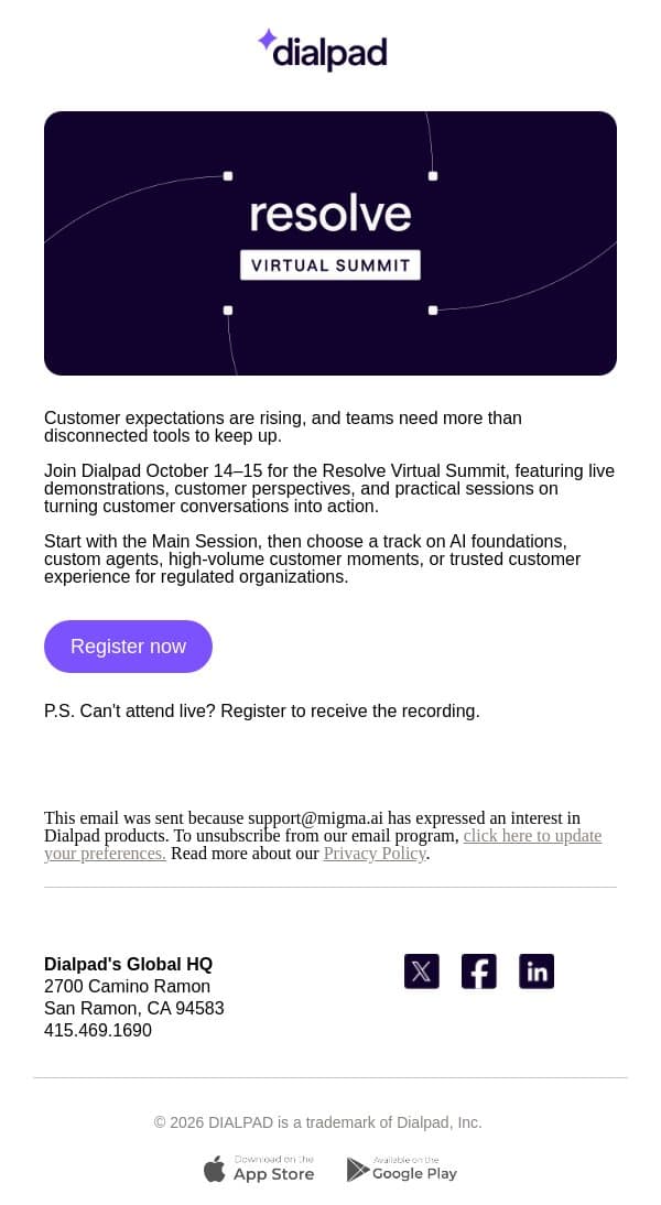 Resolve Virtual Summit: October 14–15 email from Dialpad screenshot