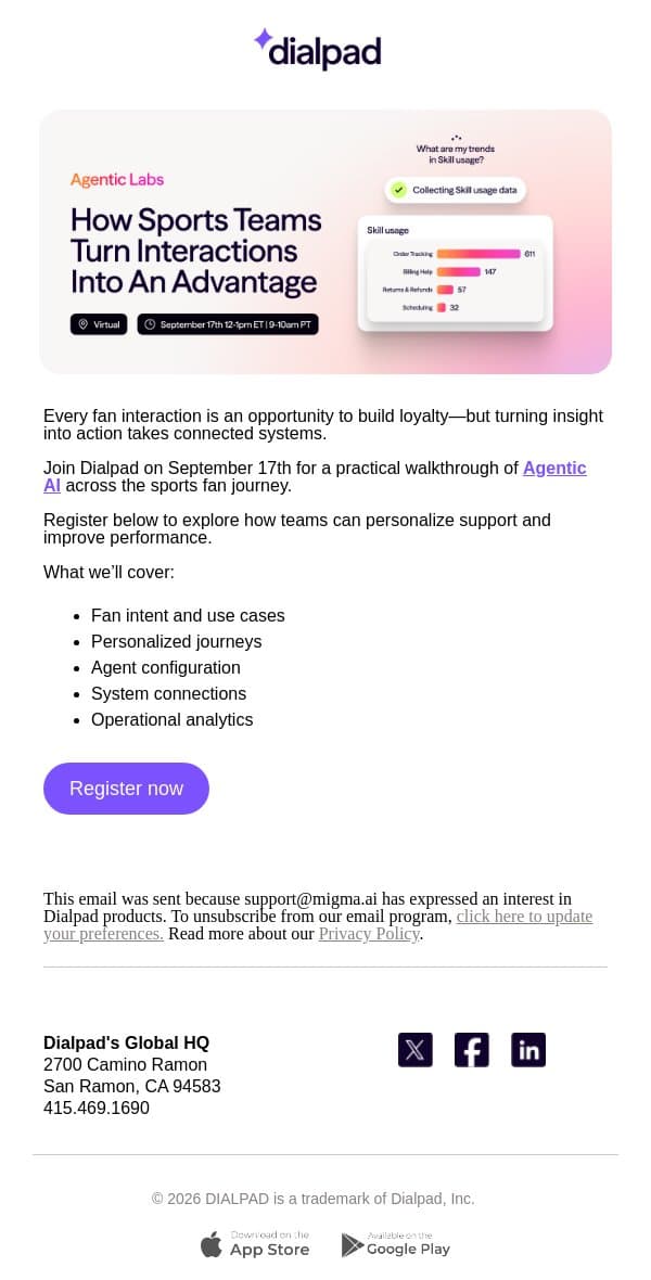 Build Better Fan Journeys With Agentic AI email from Dialpad screenshot
