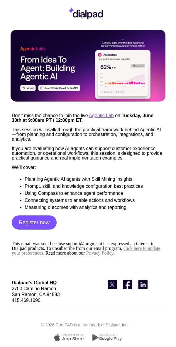 Last Chance to Register for Agentic Labs (June 30th) email from Dialpad screenshot