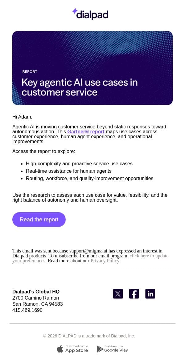 A practical view of agentic AI in customer service email from Dialpad screenshot