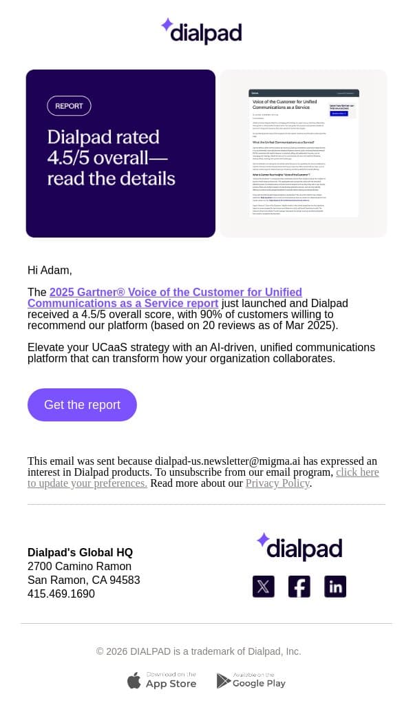 Your 2025 Gartner® voice of the customer UCaaS report is ready email from Dialpad screenshot
