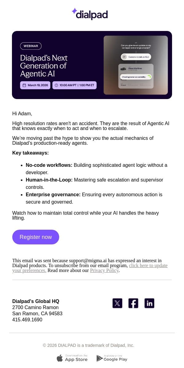 No-code workflows + human control (Agentic AI) email from Dialpad screenshot