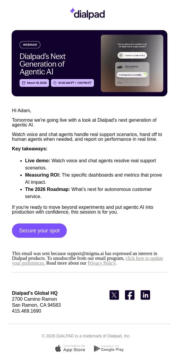 Tomorrow: See Agentic voice + chat agents live email from Dialpad screenshot