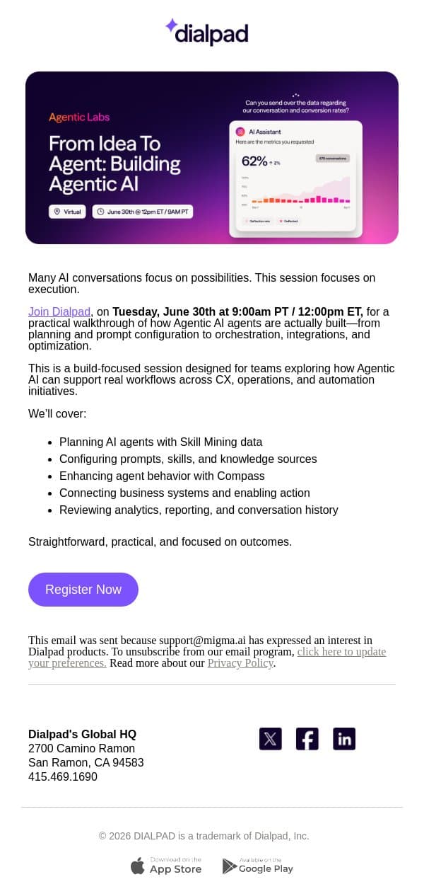Inside the Build: Agentic AI in Practice email from Dialpad screenshot