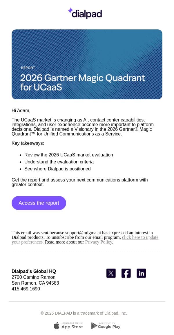 Explore the 2026 Gartner® Magic Quadrant™ for UCaaS email from Dialpad screenshot