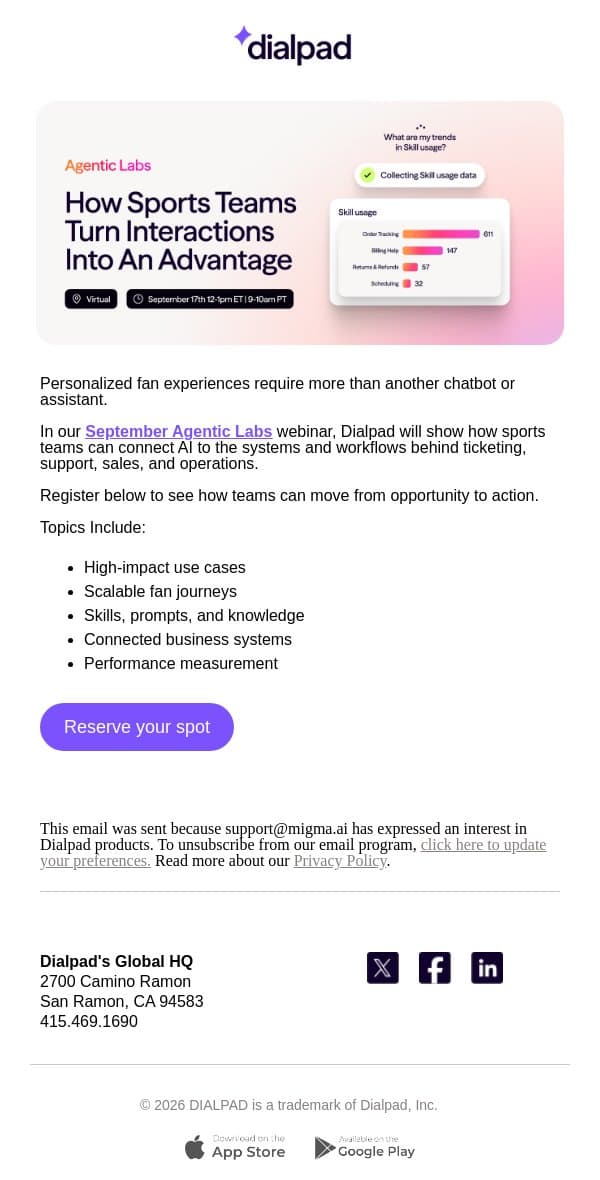 Turn Fan Experiences Into Connected Action email from Dialpad screenshot