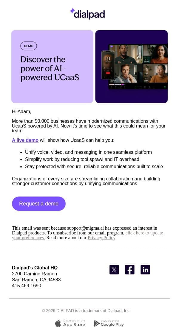 One platform for calls, messages, and meetings email from Dialpad screenshot