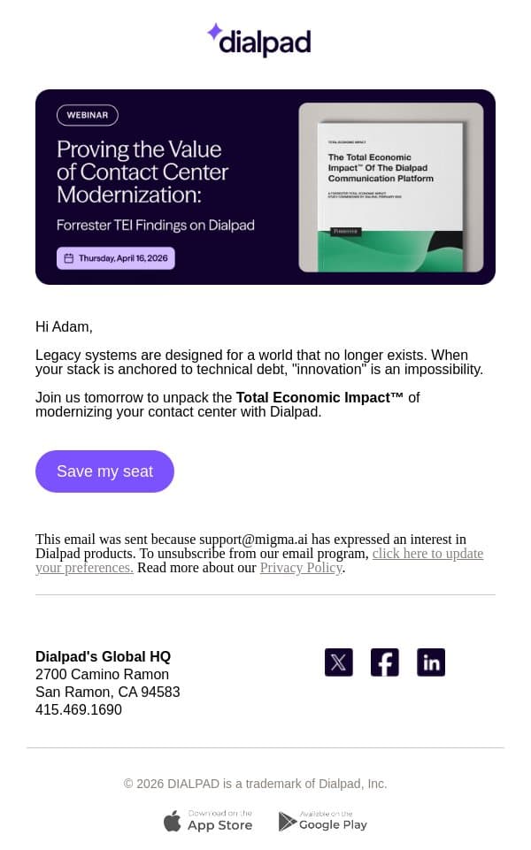 Tomorrow: Forrester TEI highlights on Dialpad email from Dialpad screenshot