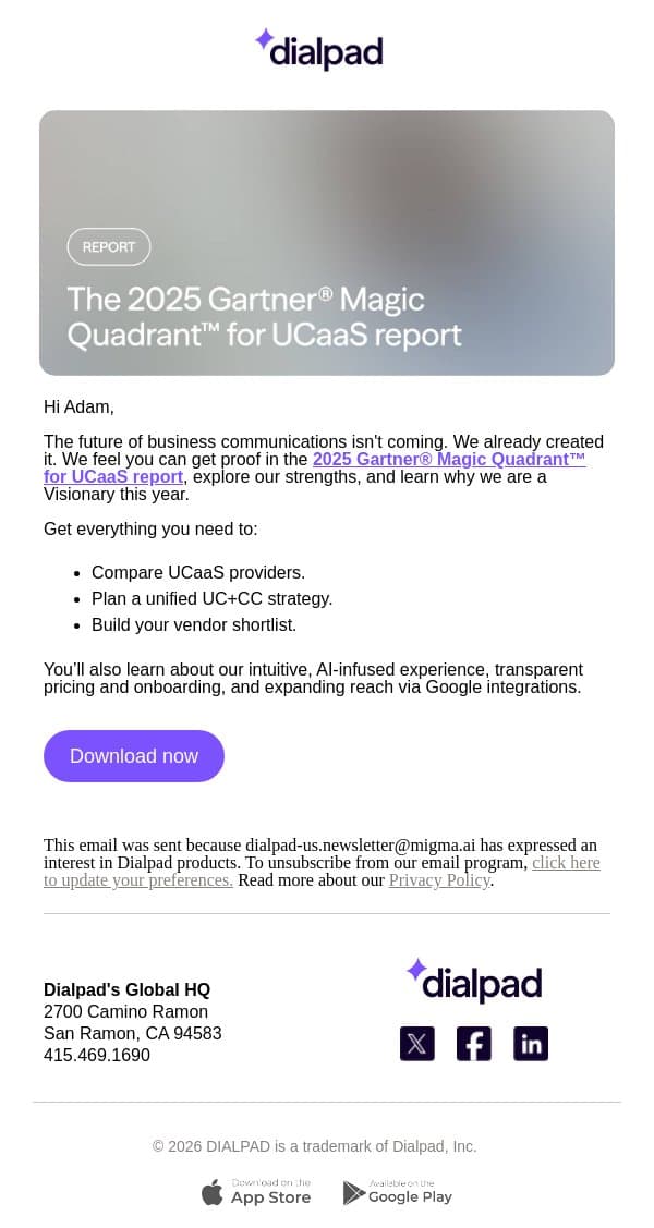 How were we recognized in this year’s Gartner® Magic Quadrant™ for UCaaS? Find out email from Dialpad screenshot