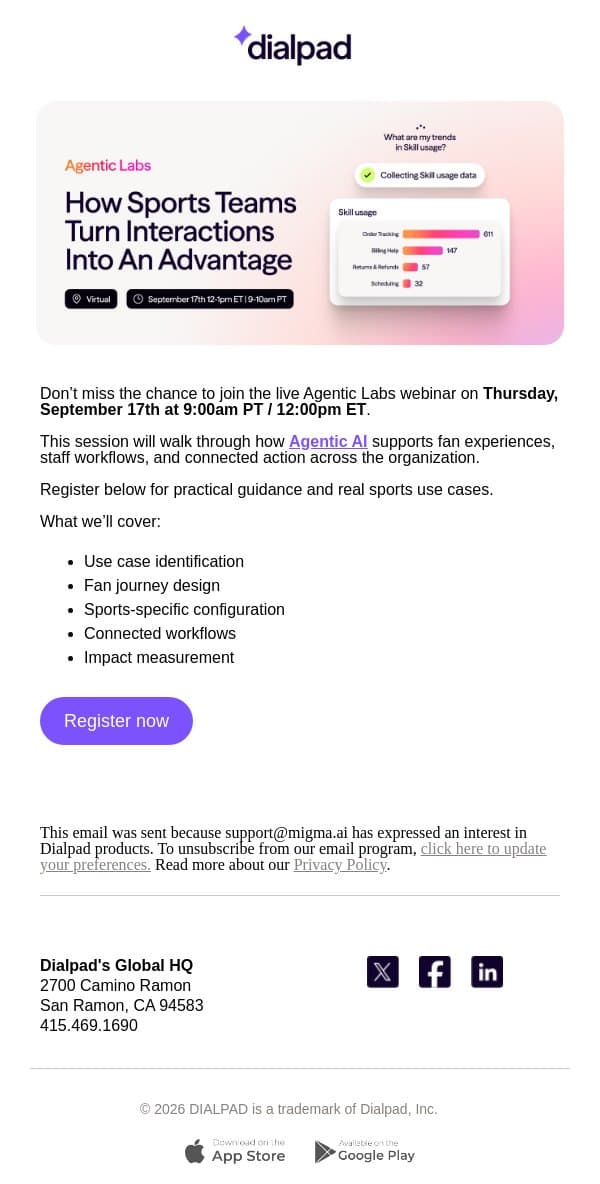 Last Chance to Register: Agentic AI for Sports Teams (September 17th) email from Dialpad screenshot