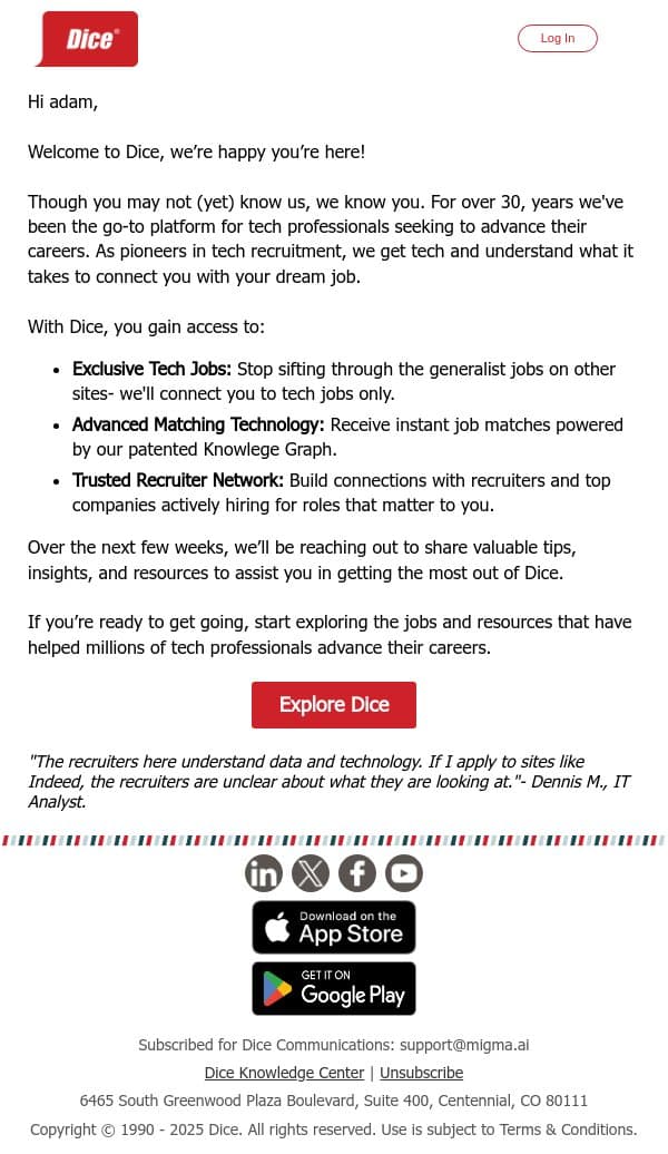 Welcome to Dice email from Dice screenshot