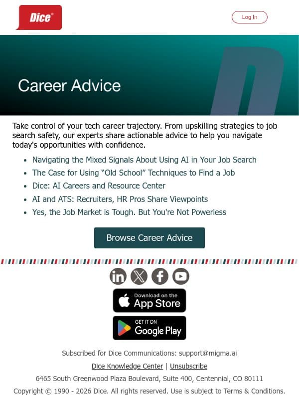 Your guide to navigating today's tech job landscape email from Dice screenshot