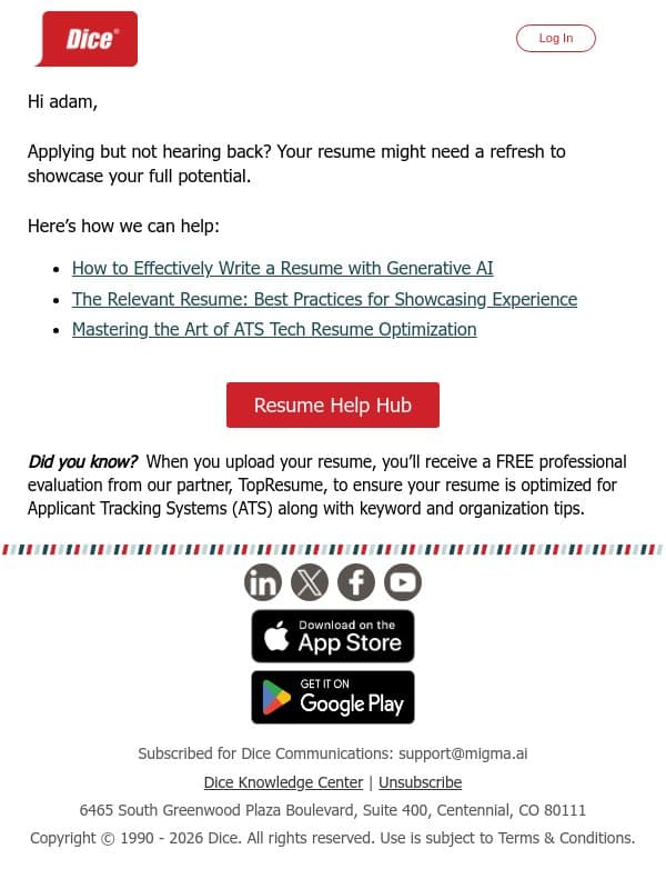A standout resume gets noticed email from Dice screenshot