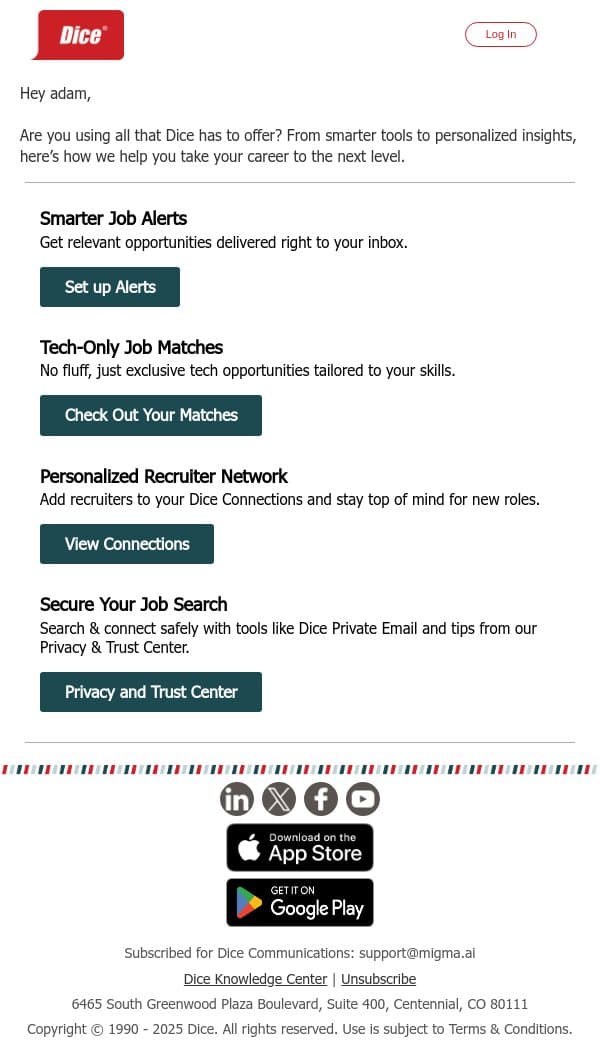Improve your odds with these Dice features email from Dice screenshot