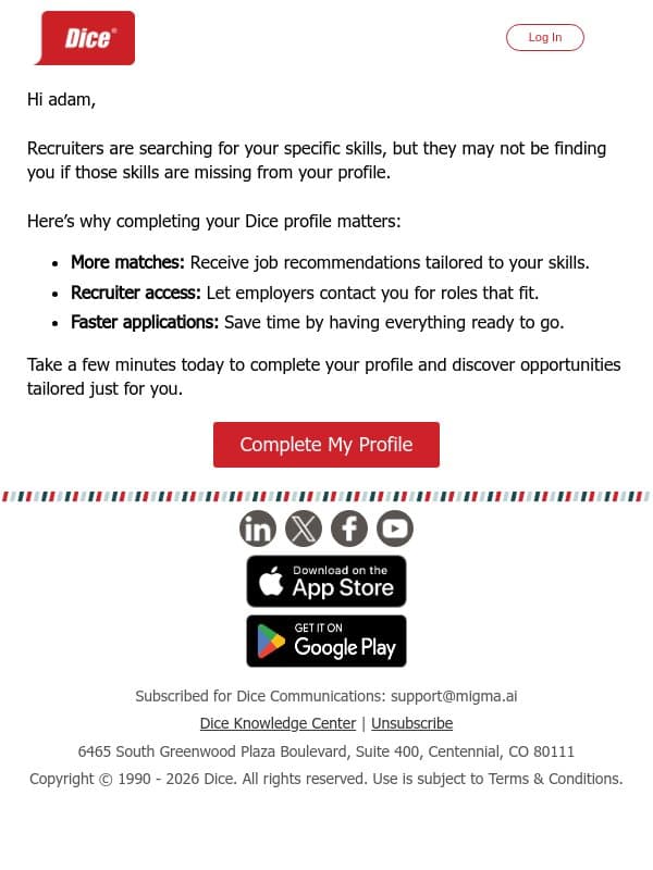 Your Dice profile needs a few final touches email from Dice screenshot
