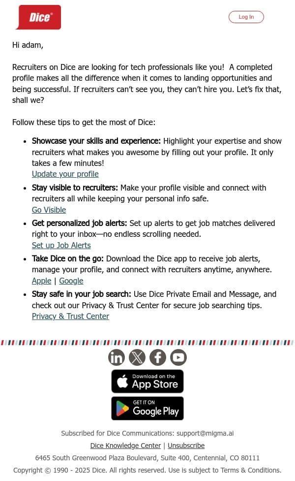 Stop Hiding—Your Dream Job Is Looking for You 🔍 email from Dice screenshot