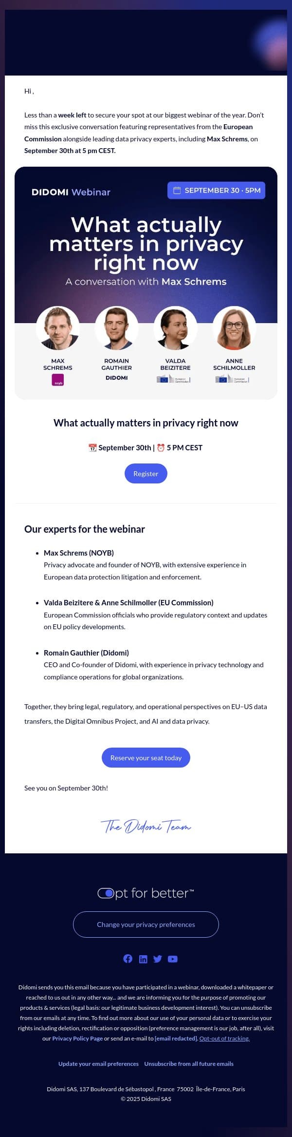 Less than 7 days left to register: Join Max Schrems, EU Commission Representatives & Didomi email from Didomi screenshot