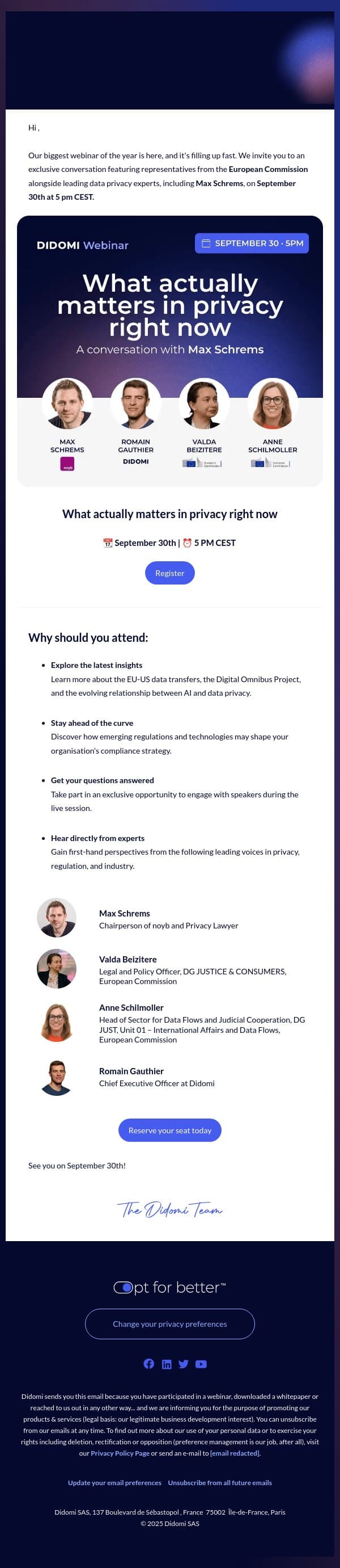 Why attend the exclusive webinar with European Commission officials, Max Schrems, and Didomi email from Didomi screenshot
