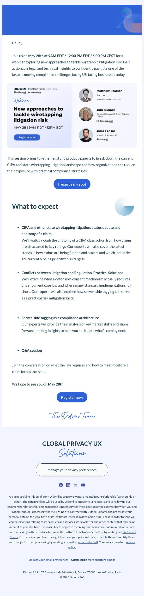 [Webinar] New approaches to tackle wiretapping litigation risk email from Didomi screenshot