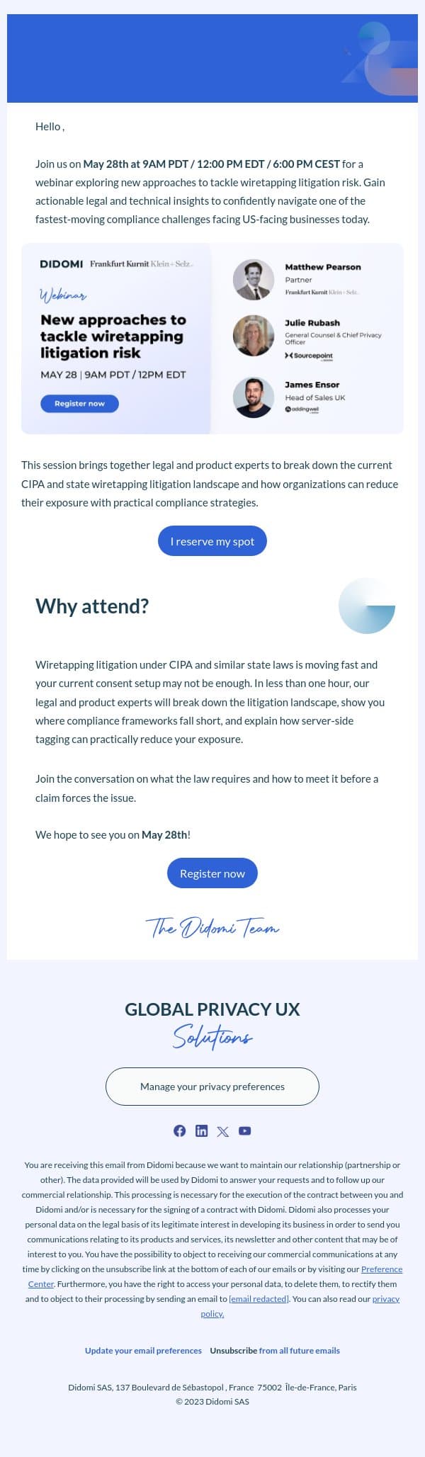 Join us on May 28 to explore CIPA litigation trends, consent requirements, and how server-side tagging mitigates risk. email from Didomi screenshot