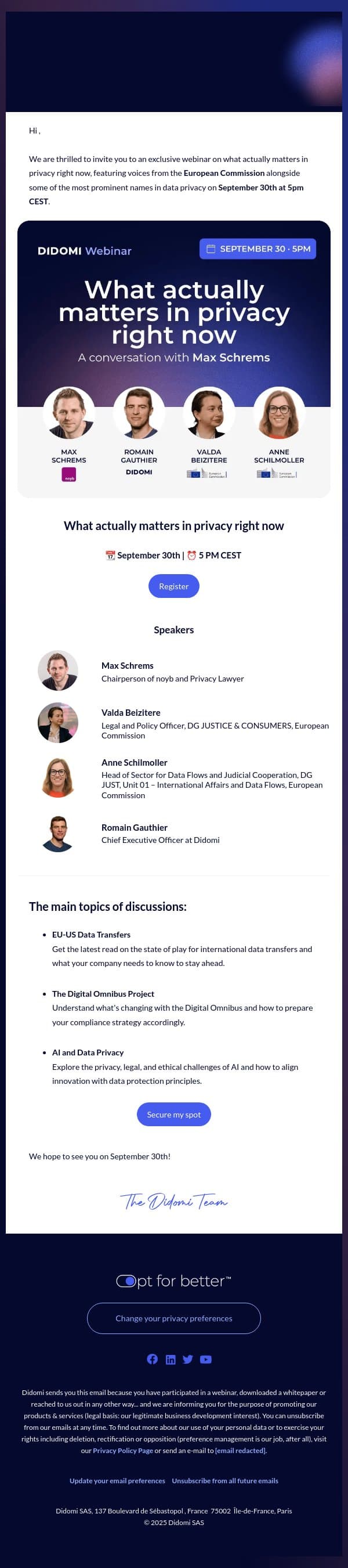 Save your seat: European Commission officials talking with Max Schrems and Didomi email from Didomi screenshot
