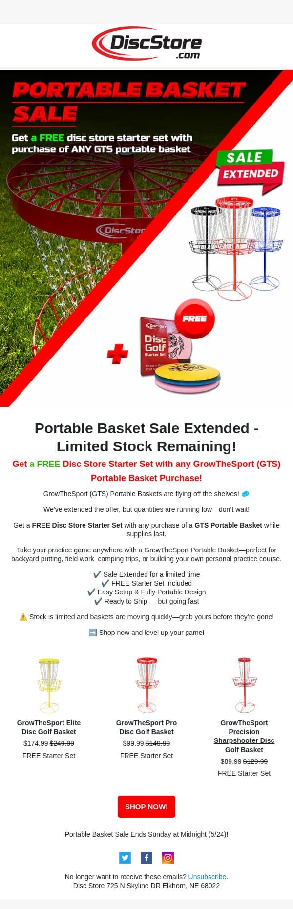 Portable Basket Sale! (Sale Extended) email from Discace screenshot