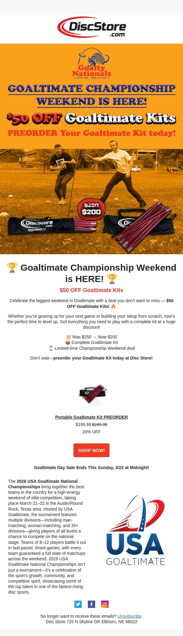 $50 OFF Goaltimate Kits! email from Discace screenshot