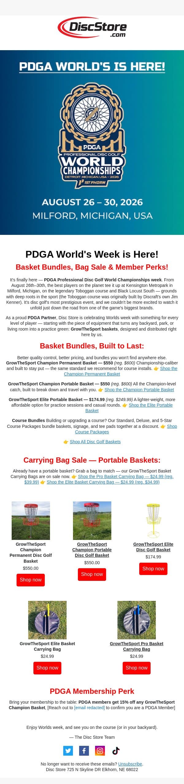 PDGA World's Week email from Discace screenshot