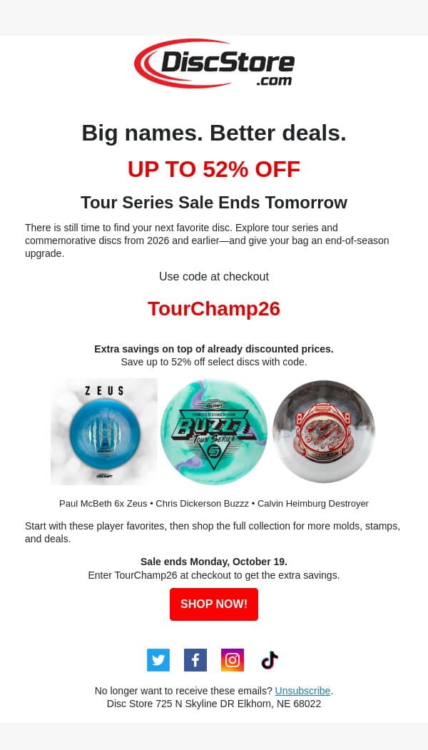Ends tomorrow: Tour Series discs up to 52% off email from Discace screenshot