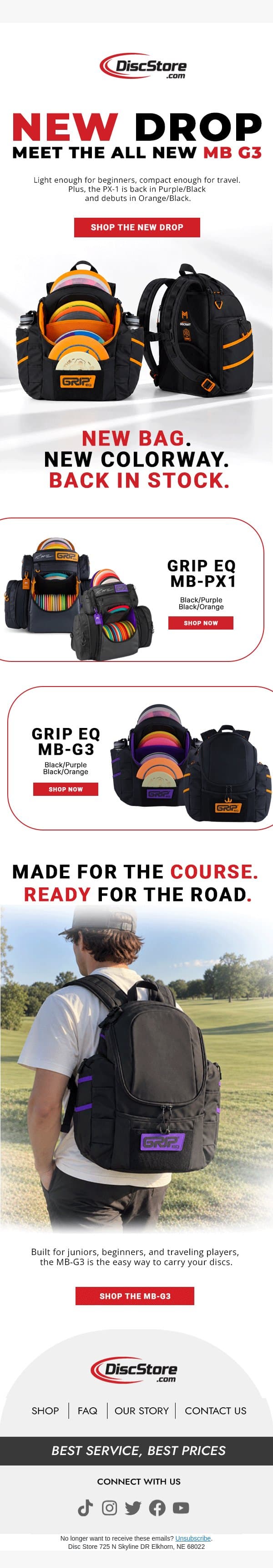 Two bags, three colorways, one drop. email from Discace screenshot