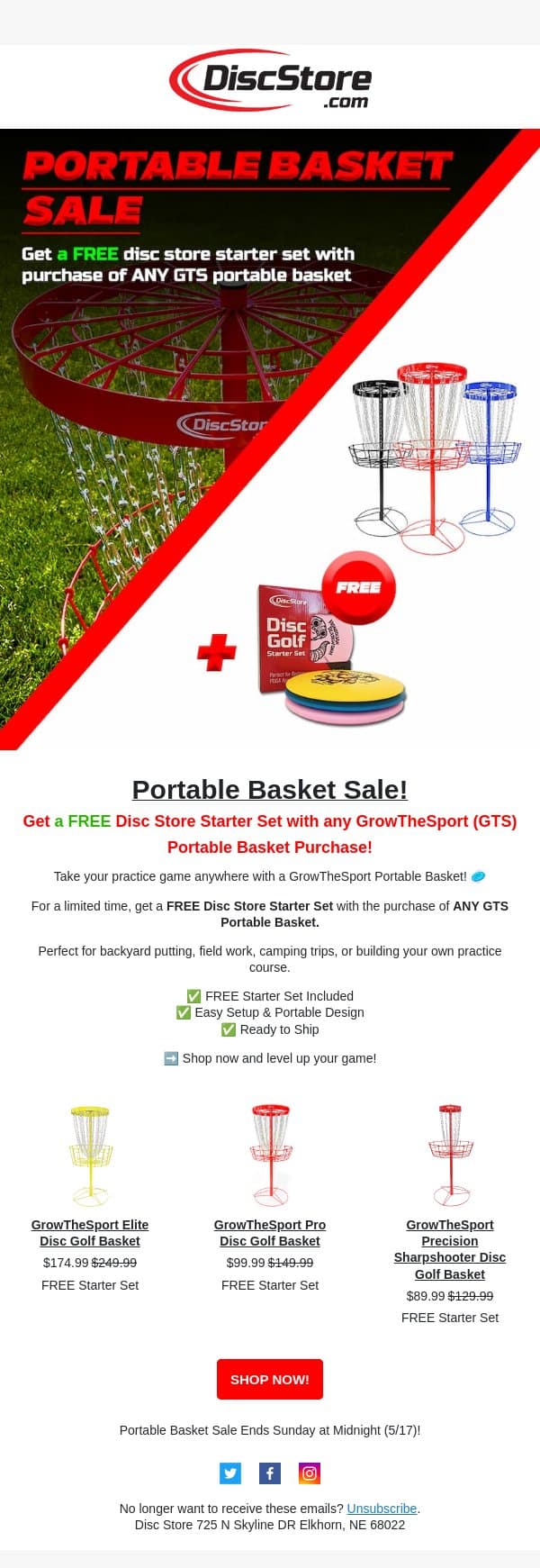 Portable Basket Sale! email from Discace screenshot