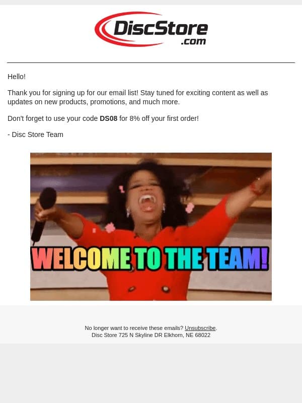 Welcome to Disc Store! email from Discace screenshot