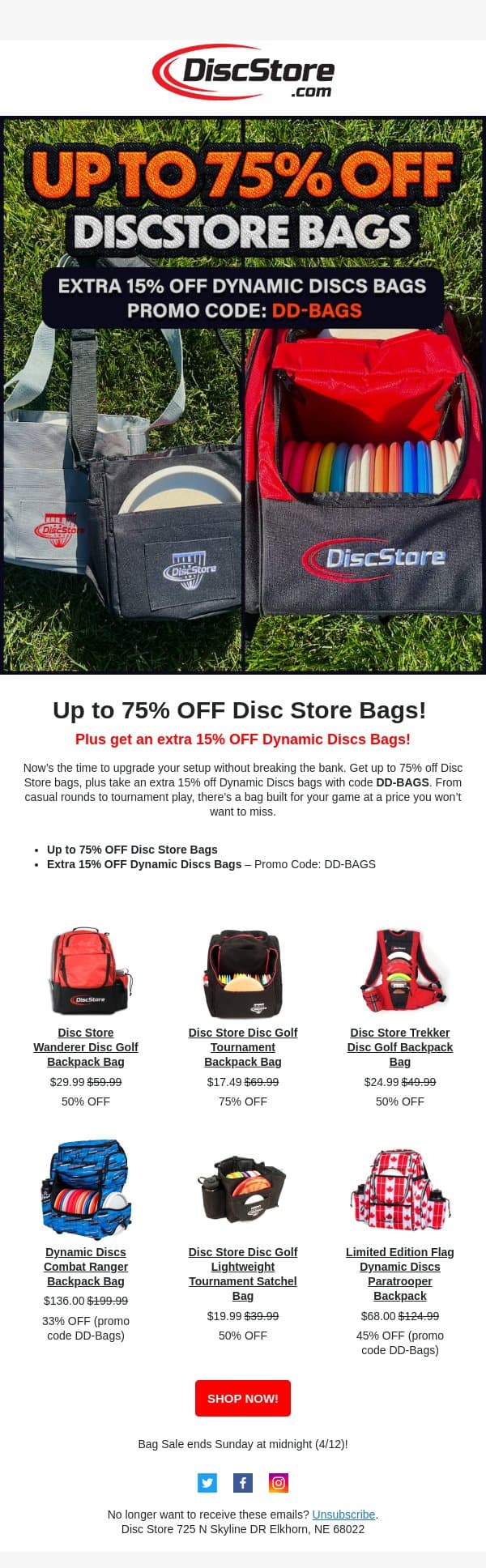 Up to 75% OFF Disc Store Bags! email from Discace screenshot