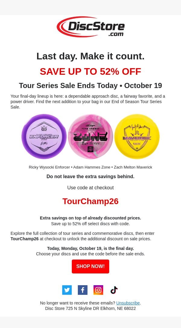 Final day: Tour Series savings end today email from Discace screenshot
