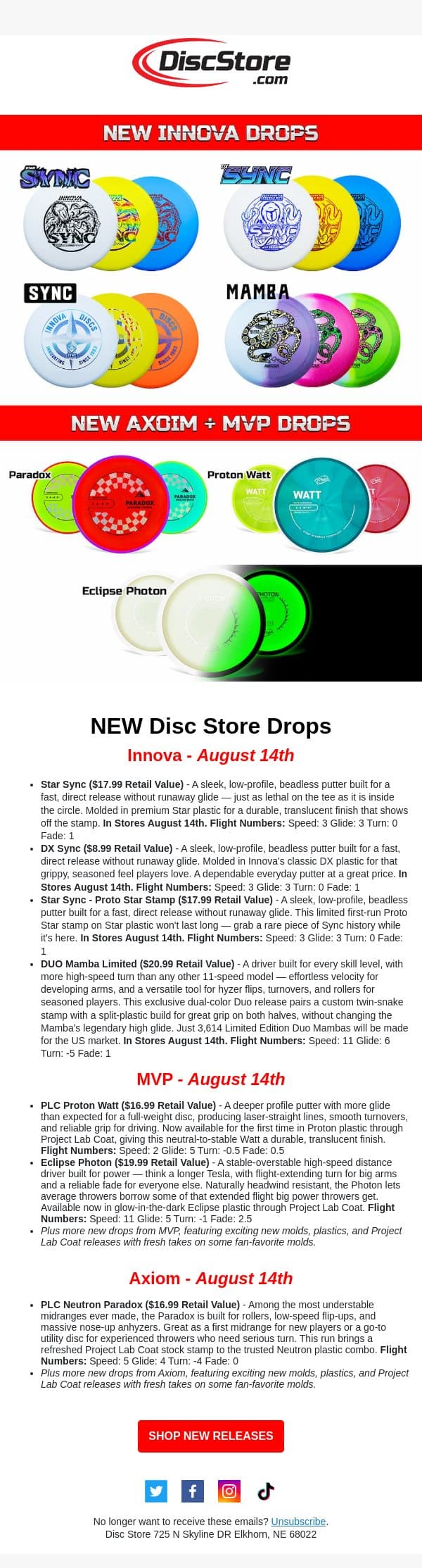 NEW Innova, MVP & Axiom Drops! email from Discace screenshot