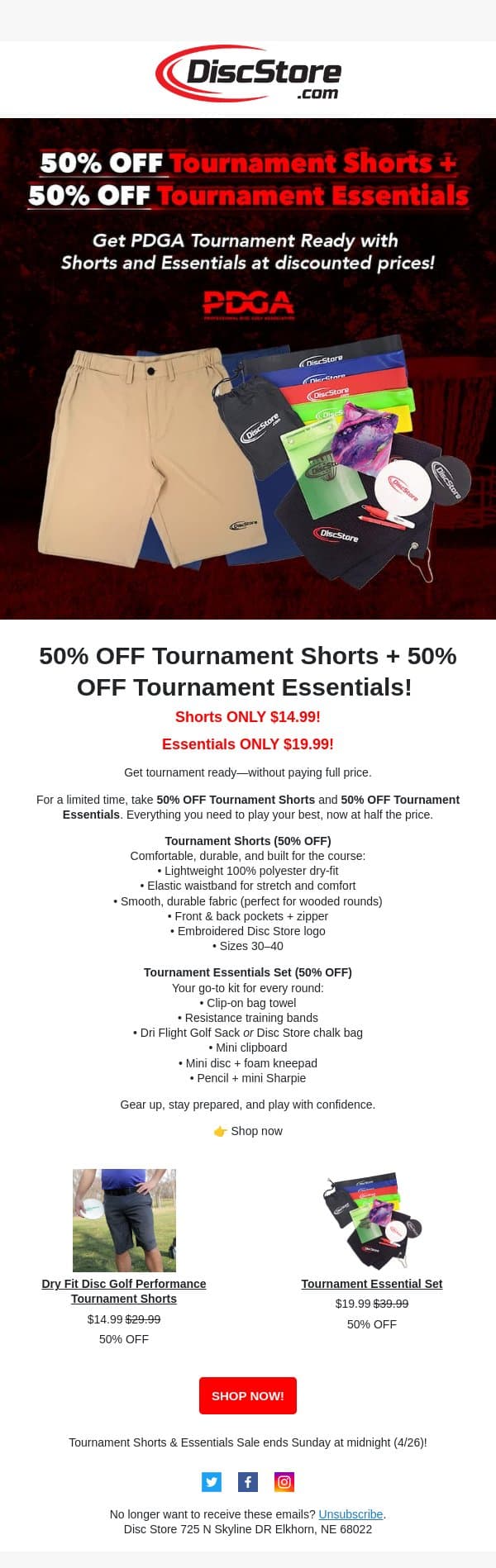 50% OFF Tournament Shorts & Essentials! email from Discace screenshot