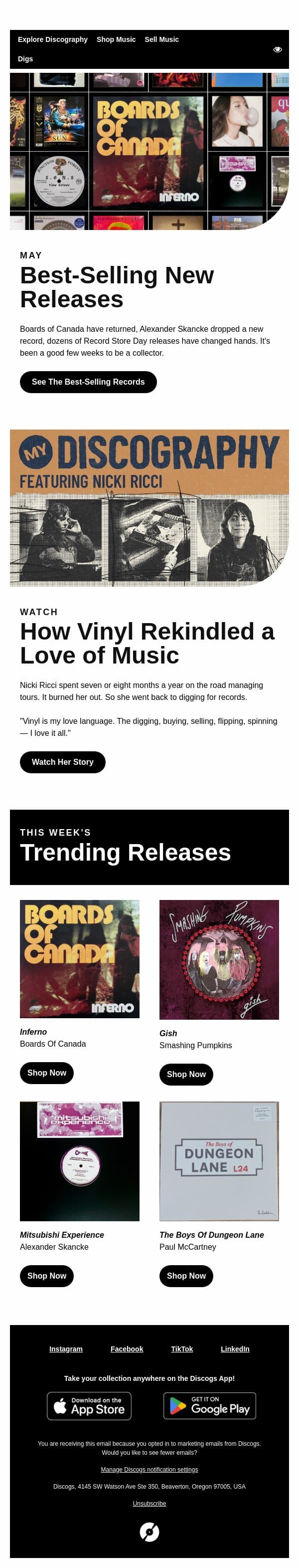 May’s Best-Selling New Releases email from Discogs screenshot