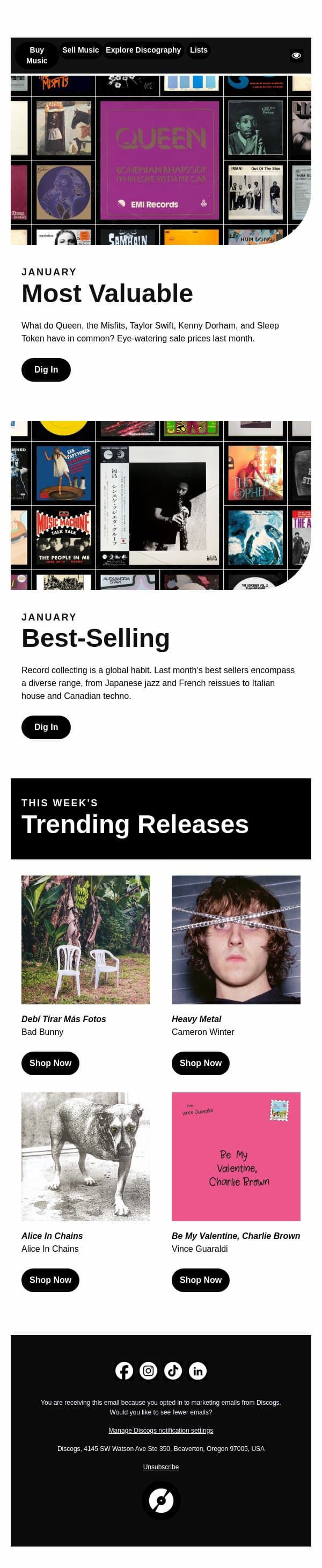 January’s Most Valuable Records email from Discogs screenshot