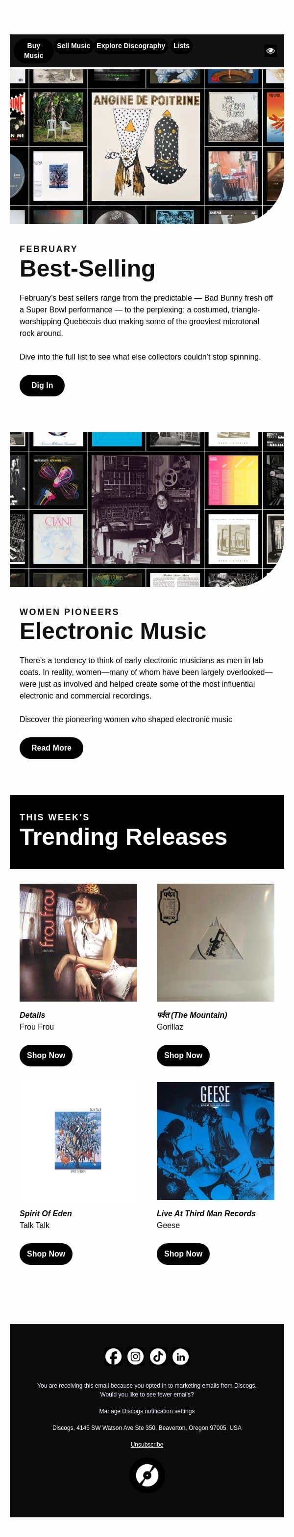 February’s Biggest Star, And Its Biggest Surprise email from Discogs screenshot