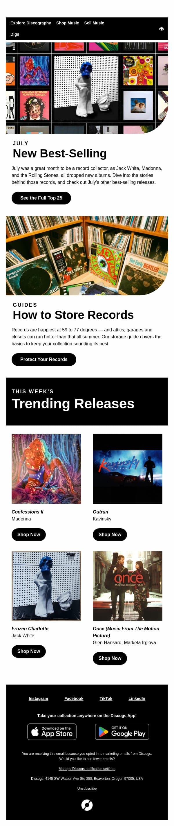 July’s Best-Selling Albums: From Jack White to Madonna email from Discogs screenshot