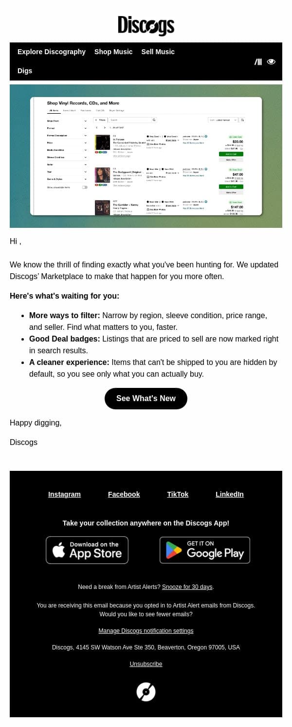 Finding Your Next Record Just Got Easier email from Discogs screenshot